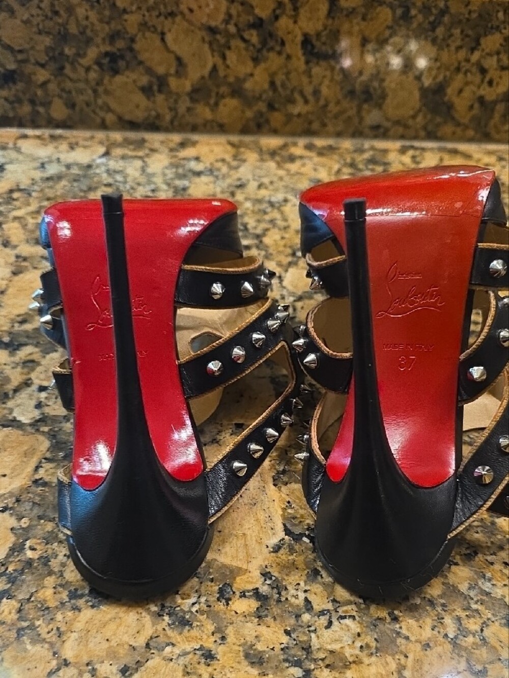 Christian Louboutin Black Leather Studded Strappy Pointed-Toe Pumps - Picture 12 of 15